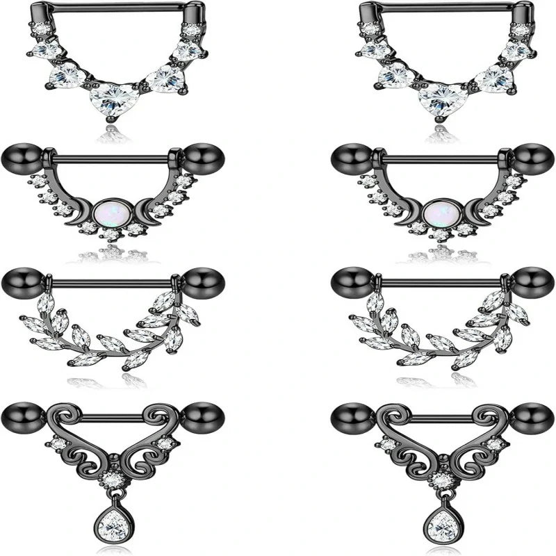 4 Pairs 14G 316L Stainless Steel Heart Teardrop Moon Star Opal Leaf CZ Barbell Nipple Rings Set