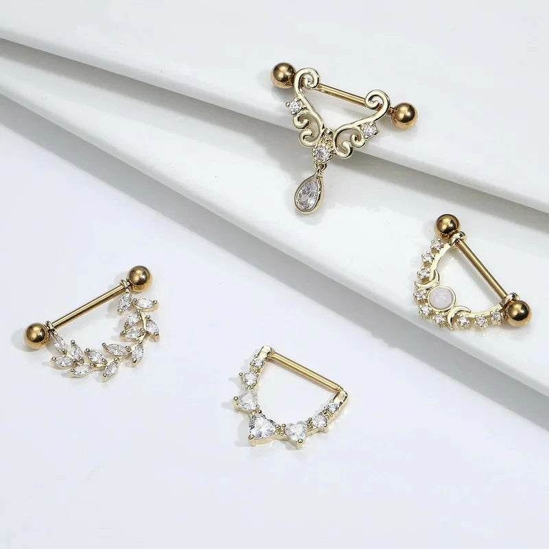 4 Pairs 14G 316L Stainless Steel Heart Teardrop Moon Star Opal Leaf CZ Barbell Nipple Rings Set