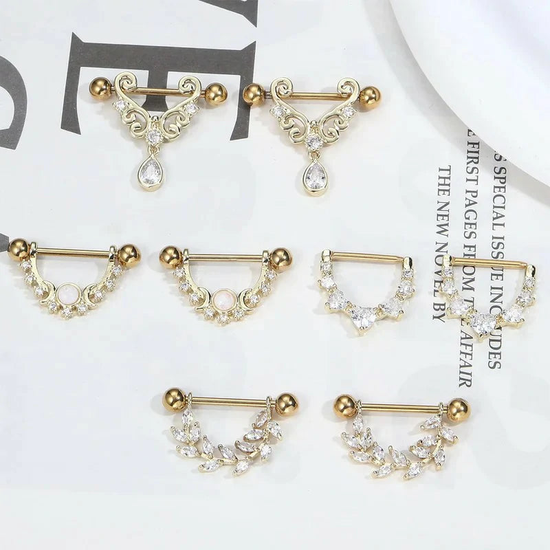 4 Pairs 14G 316L Stainless Steel Heart Teardrop Moon Star Opal Leaf CZ Barbell Nipple Rings Set