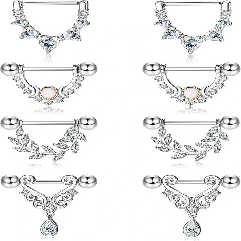 4 Pairs 14G 316L Stainless Steel Heart Teardrop Moon Star Opal Leaf CZ Barbell Nipple Rings Set