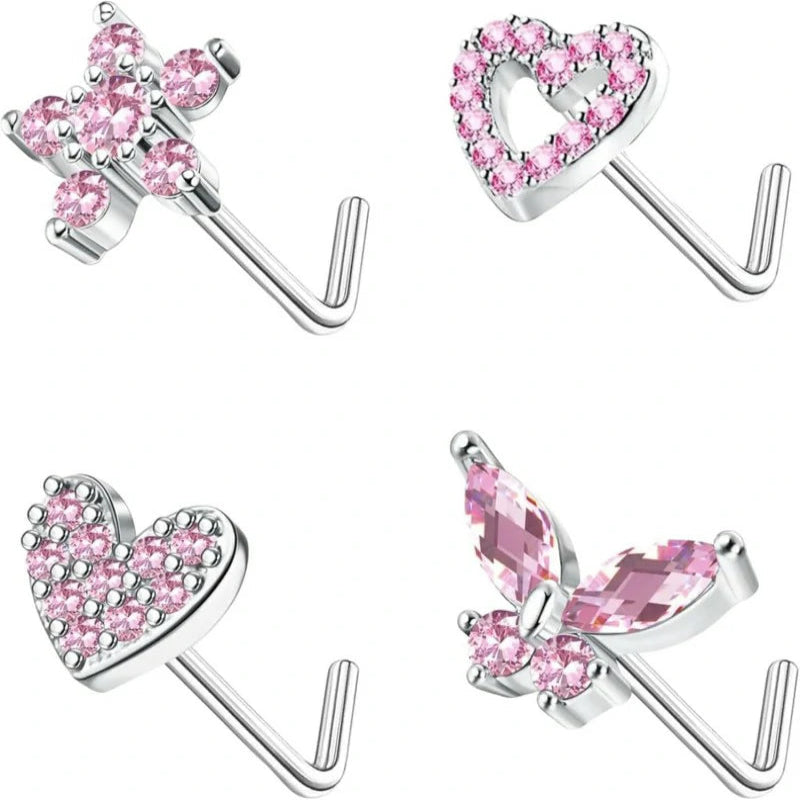 4pcs 20G  L Shaped & Dangle Nose StudButterfly, Flower & Heart Designs