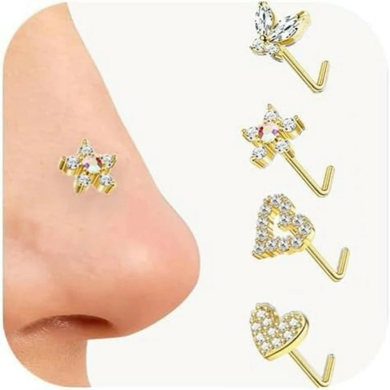 4pcs 20G  L Shaped & Dangle Nose StudButterfly, Flower & Heart Designs