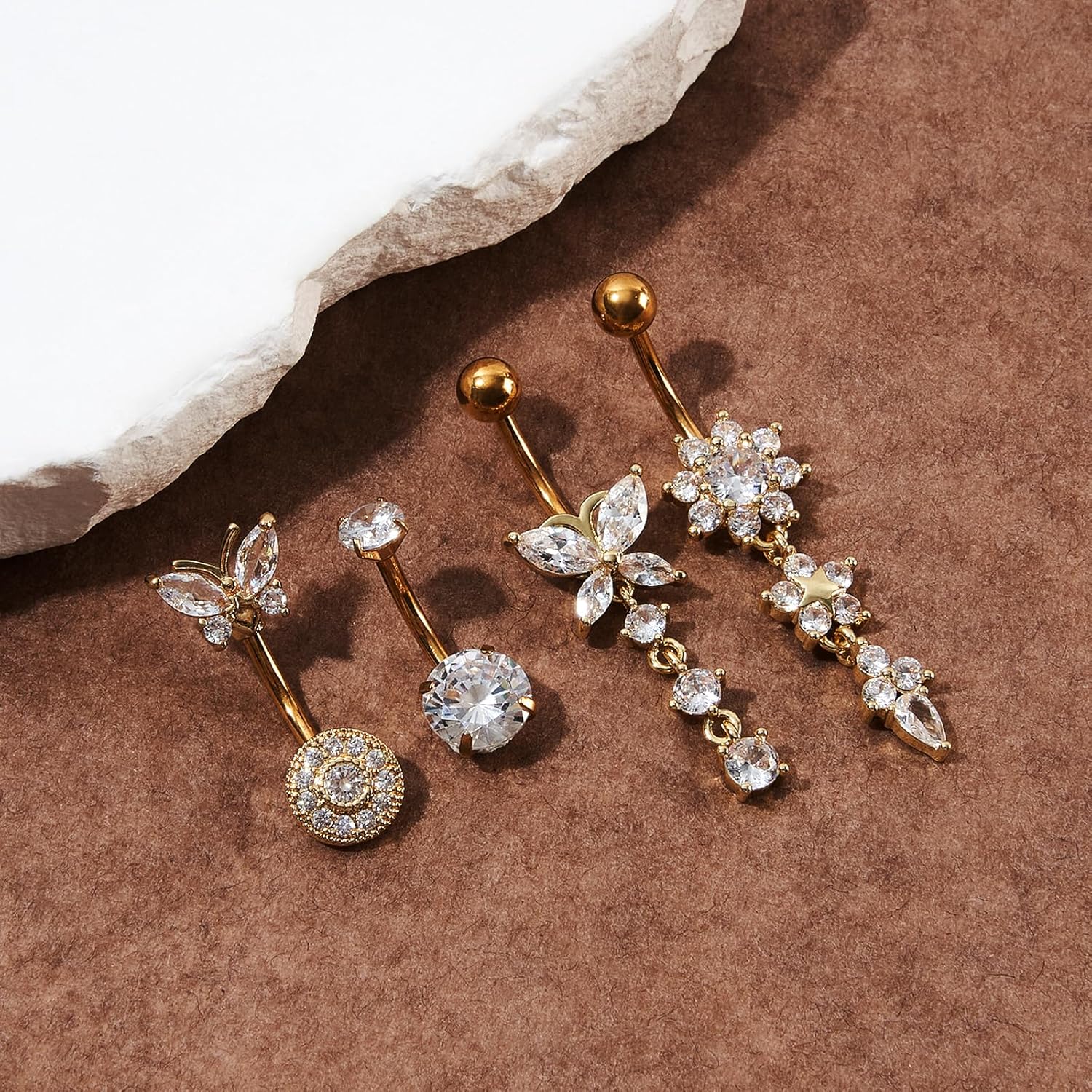 4PCS Belly Button Ring 14G 1.6MM Stainless Steel Dangle Belly Rings Clicker Belly Piercing Navel Rings for Women - 我的商店我的商店我的商店