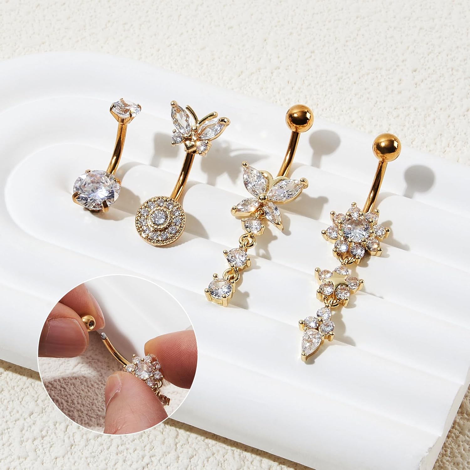 4PCS Belly Button Ring 14G 1.6MM Stainless Steel Dangle Belly Rings Clicker Belly Piercing Navel Rings for Women - 我的商店我的商店我的商店