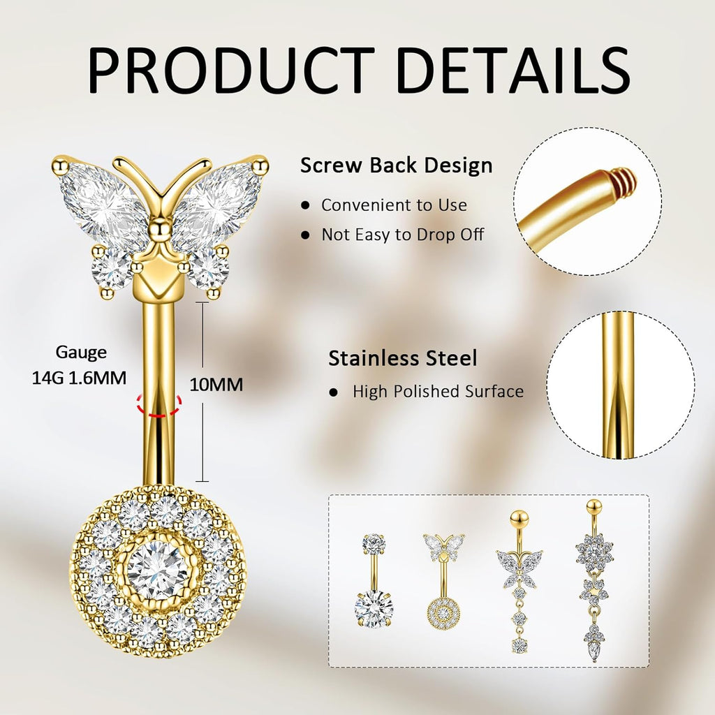 4PCS Belly Button Ring 14G 1.6MM Stainless Steel Dangle Belly Rings Clicker Belly Piercing Navel Rings for Women - 我的商店我的商店我的商店