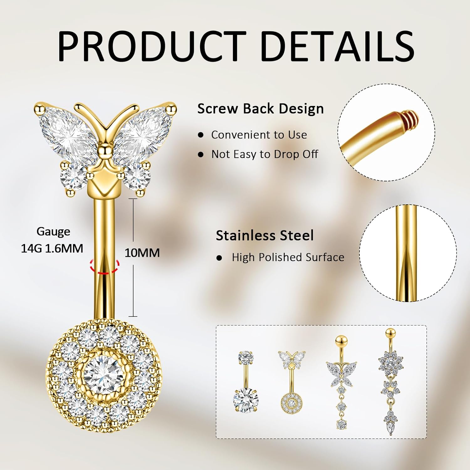 4PCS Belly Button Ring 14G 1.6MM Stainless Steel Dangle Belly Rings Clicker Belly Piercing Navel Rings for Women - 我的商店我的商店我的商店