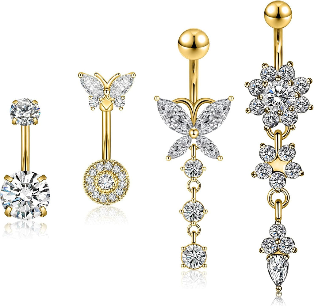 4PCS Belly Button Ring 14G 1.6MM Stainless Steel Dangle Belly Rings Clicker Belly Piercing Navel Rings for Women - 我的商店我的商店我的商店