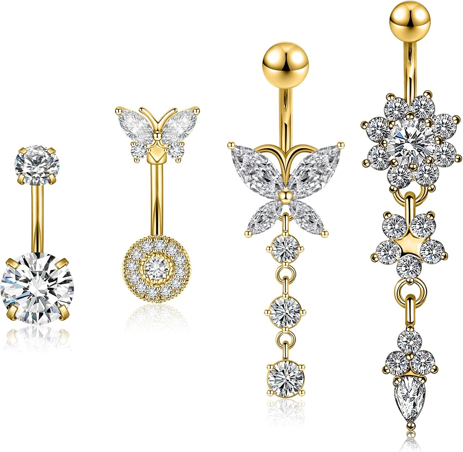 4PCS Belly Button Ring 14G 1.6MM Stainless Steel Dangle Belly Rings Clicker Belly Piercing Navel Rings for Women - 我的商店我的商店我的商店