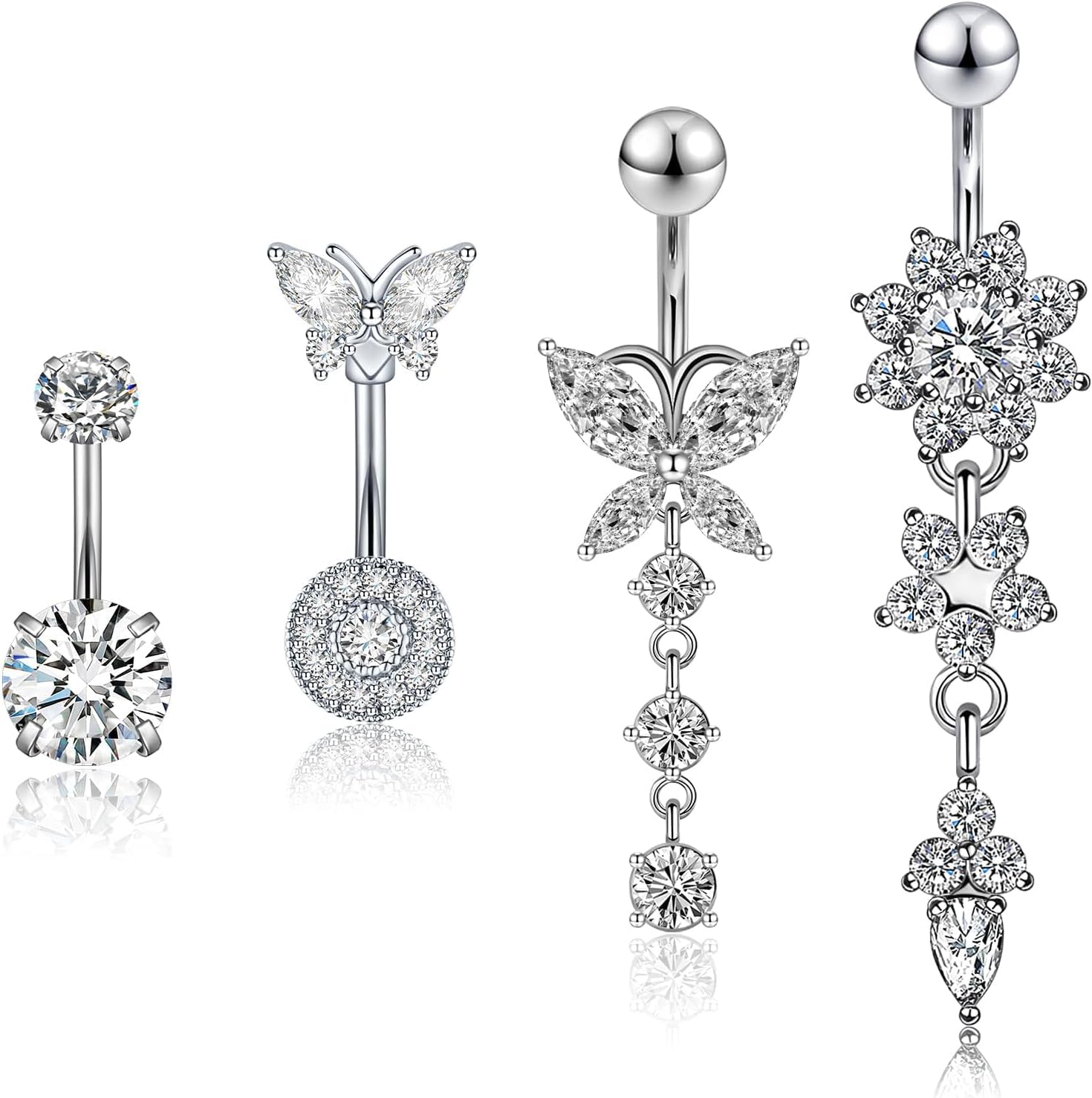 4PCS Belly Button Ring 14G 1.6MM Stainless Steel Dangle Belly Rings Clicker Belly Piercing Navel Rings for Women - 我的商店我的商店我的商店