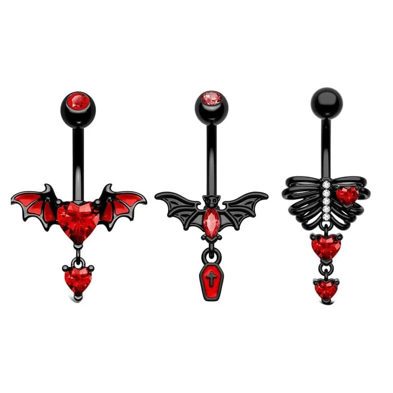4Pcs Stainless Steel Bat Belly Button 14G Halloween Red Black Bat Dangle Belly Navel Rings