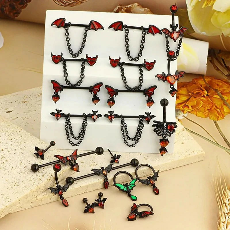 4Pcs Stainless Steel Bat Belly Button 14G Halloween Red Black Bat Dangle Belly Navel Rings