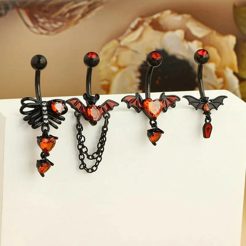4Pcs Stainless Steel Bat Belly Button 14G Halloween Red Black Bat Dangle Belly Navel Rings