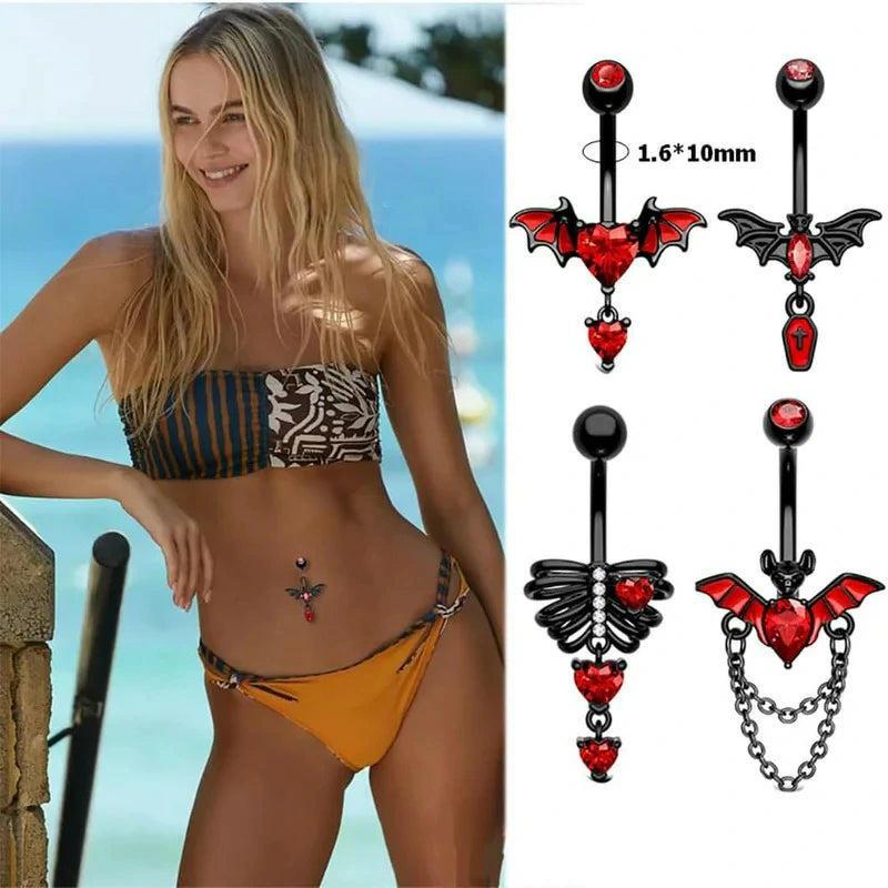 4Pcs Stainless Steel Bat Belly Button 14G Halloween Red Black Bat Dangle Belly Navel Rings