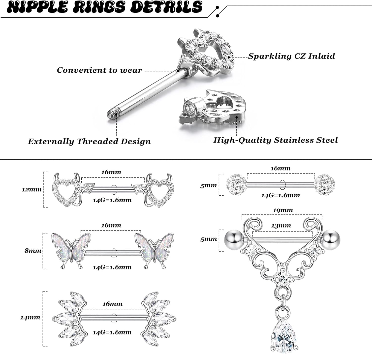 5 Pair 14G Nipple Piercing Jewelry Nipple Rings Surgical Steel for Women Nipple Rings 14 Gauge Stainless Steel Rose Butterfly Evil Heart Shaped Silver Cute Nipple Piercing Jewelry Non Tarnish - QIAO CrystalQIAO CrystalQIAO Crystal