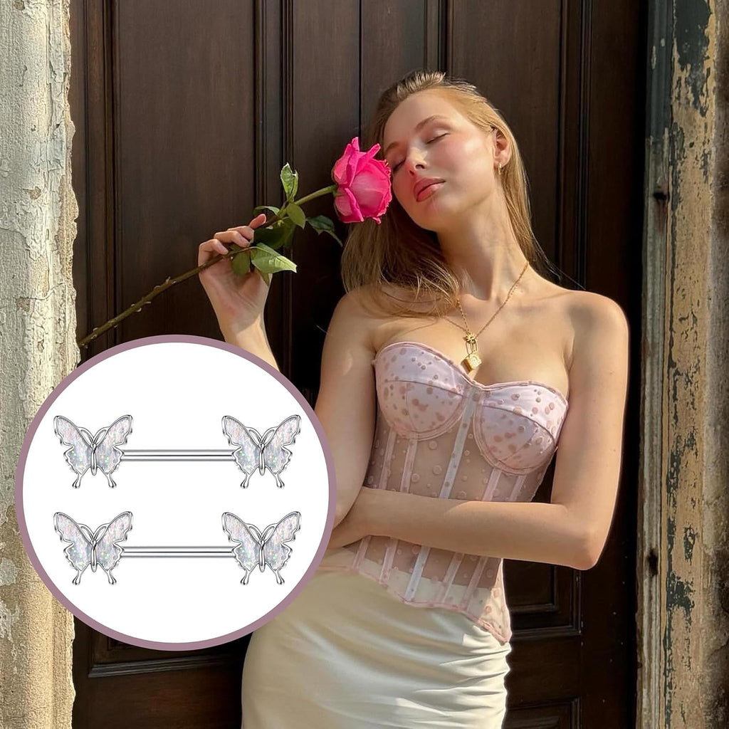 5 Pair 14G Nipple Piercing Jewelry Nipple Rings Surgical Steel for Women Nipple Rings 14 Gauge Stainless Steel Rose Butterfly Evil Heart Shaped Silver Cute Nipple Piercing Jewelry Non Tarnish - QIAO CrystalQIAO CrystalQIAO Crystal