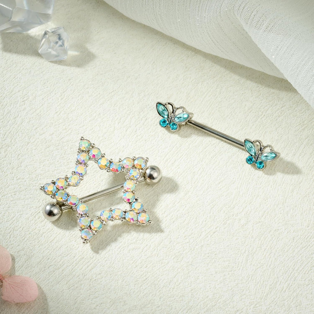 5 Pairs 14G Nipple Rings Stainless Steel Heart Butterfly Bow Opal Flower CZ Stud Barbell Set Cute Nipplerings Shields Piercing Jewelry for Women Pink Blue Red Tone Body Jewelry - QIAO CrystalQIAO CrystalQIAO Crystal