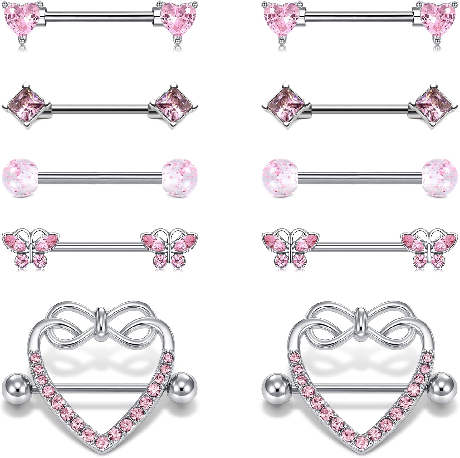 5 Pairs 14G Nipple Rings Stainless Steel Heart Butterfly Bow Opal Flower CZ Stud Barbell Set Cute Nipplerings Shields Piercing Jewelry for Women Pink Blue Red Tone Body Jewelry - QIAO CrystalQIAO CrystalQIAO Crystal