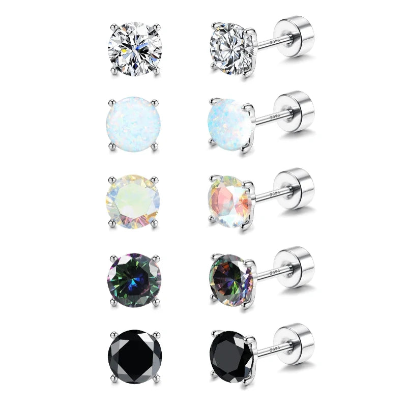 5 Pairs 925 Sterling Silver Stud Earrings 20G Flat Back Earrings