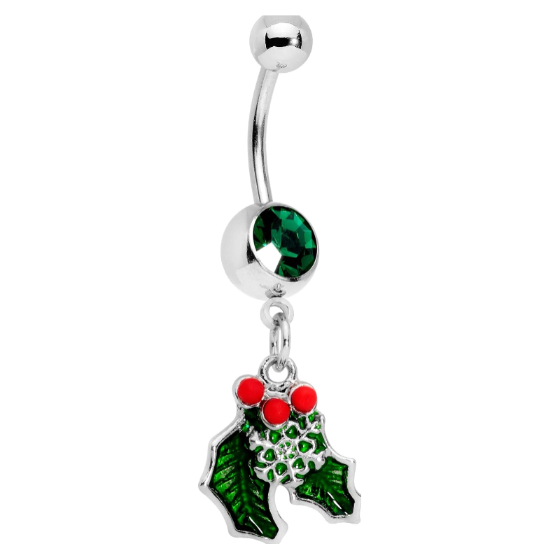 14G 12mm 316L Steel Navel Ring Green Winter Snow Christmas Mistletoe Belly Button Ring 1/2