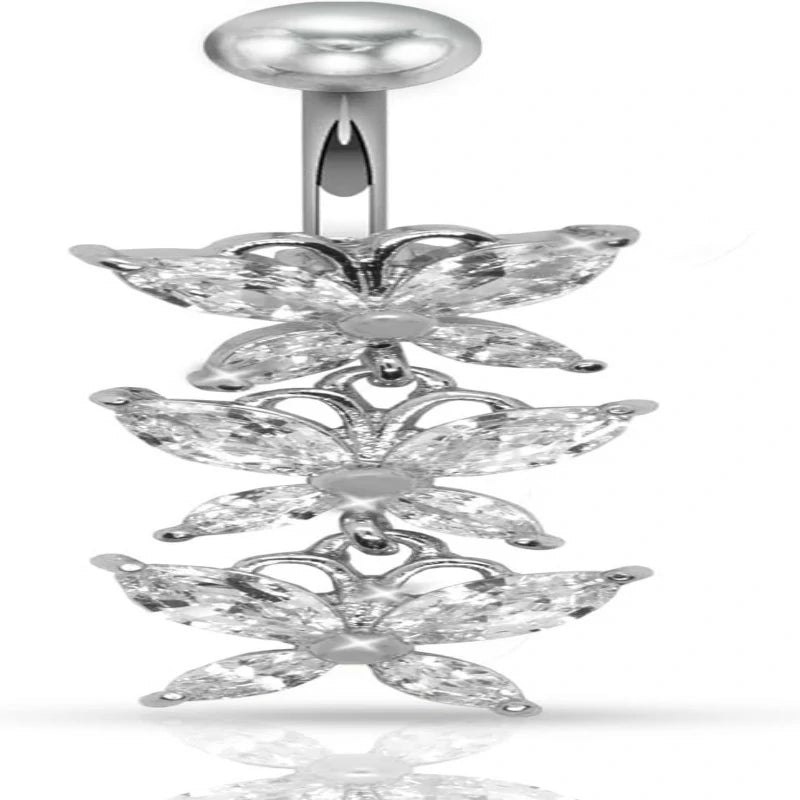 14G Initial  Anodized Silver 316L 3 Butterflies Dangle Belly Ring with CZ Stones