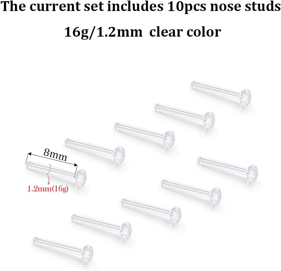 10Pcs Glass Clear Nose Studs for Work,Surgery, 18g/16g Glass Nose Piercing Retainer for Sport, MRIs, CT, Hypoallergenic Flat Top Invisible Nose Rings Studs