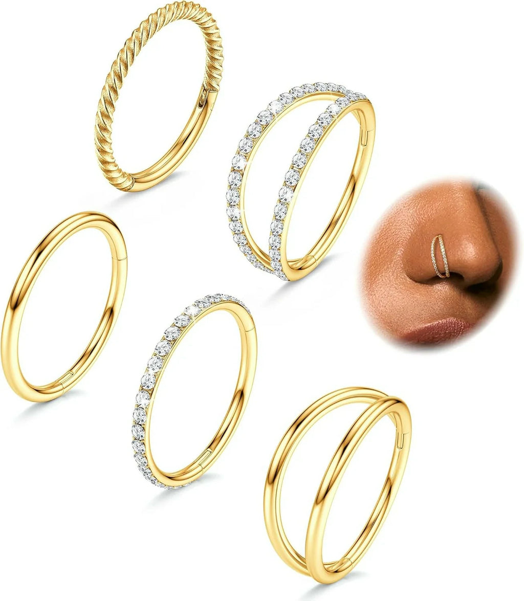 5Pcs 18G 16G Steel Nose Rings Hoop Hinged Septum Ring Lip Helix Cartilage Double Hoop Earring