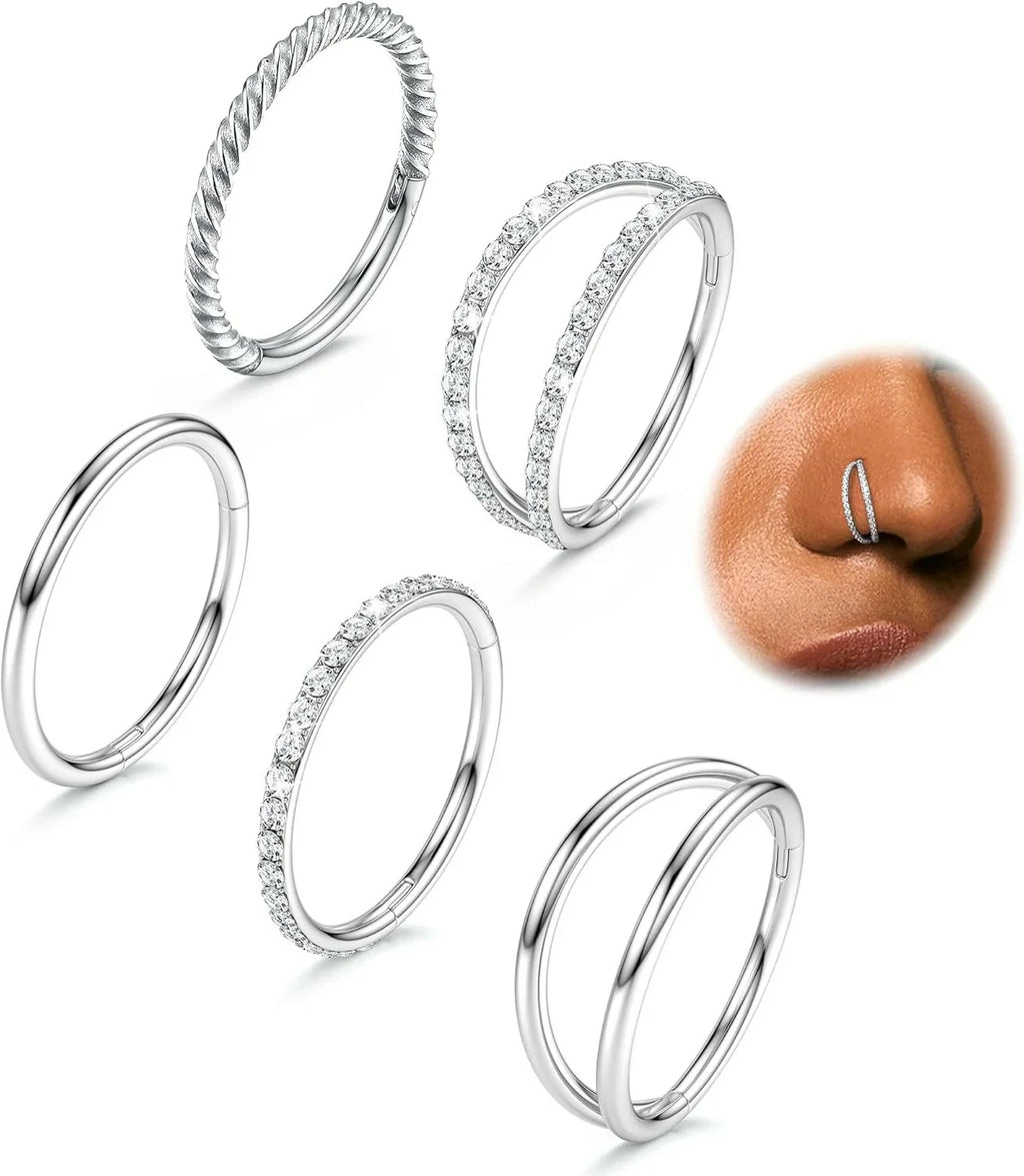 5Pcs 18G 16G Steel Nose Rings Hoop Hinged Septum Ring Lip Helix Cartilage Double Hoop Earring
