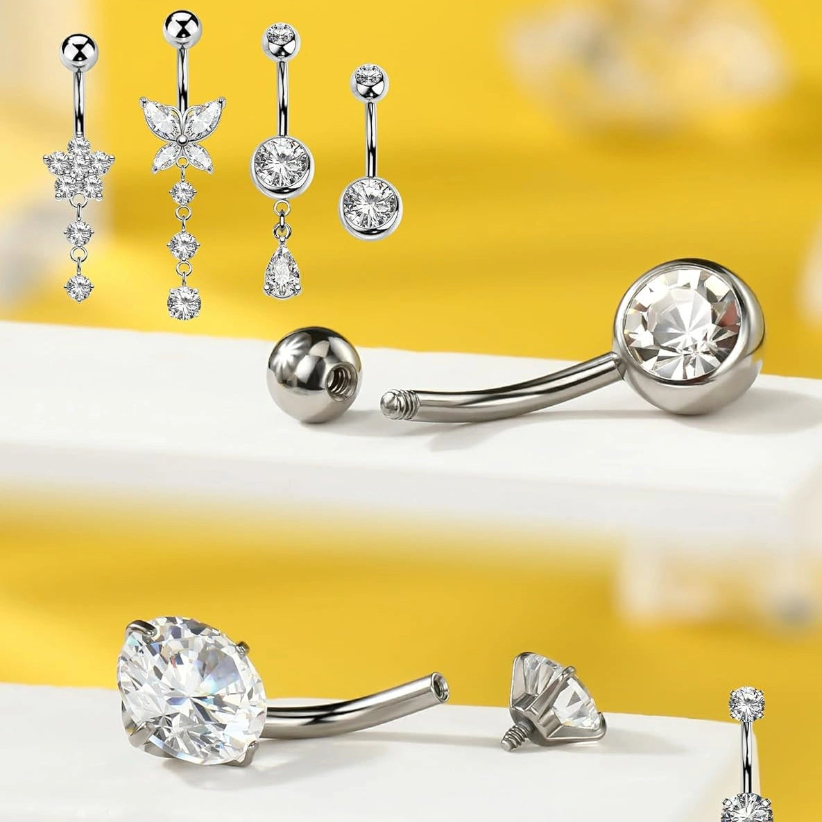 Belly Button Rings Set 5PCS 14G Dangle Belly Button Rings Set | 316L Stainless Steel Navel ...