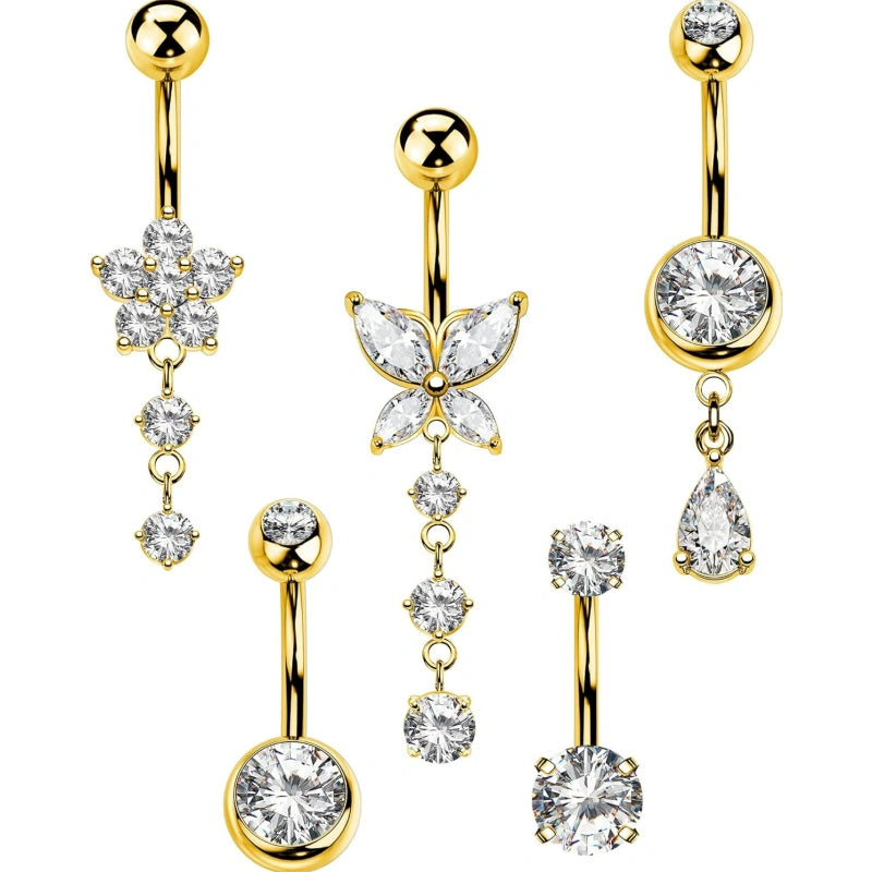 5PCS Belly Button Rings for Women 14G Dangle Navel Piercing Jewelry Set Surgical