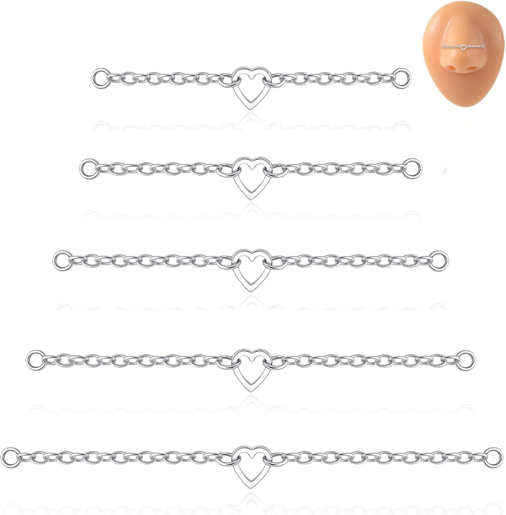 5Pcs Nose Chain Piercing Stainless Steel Across Top Nose Rings Chain Heart Double Nostril - QIAO CrystalQIAO CrystalQIAO Crystal