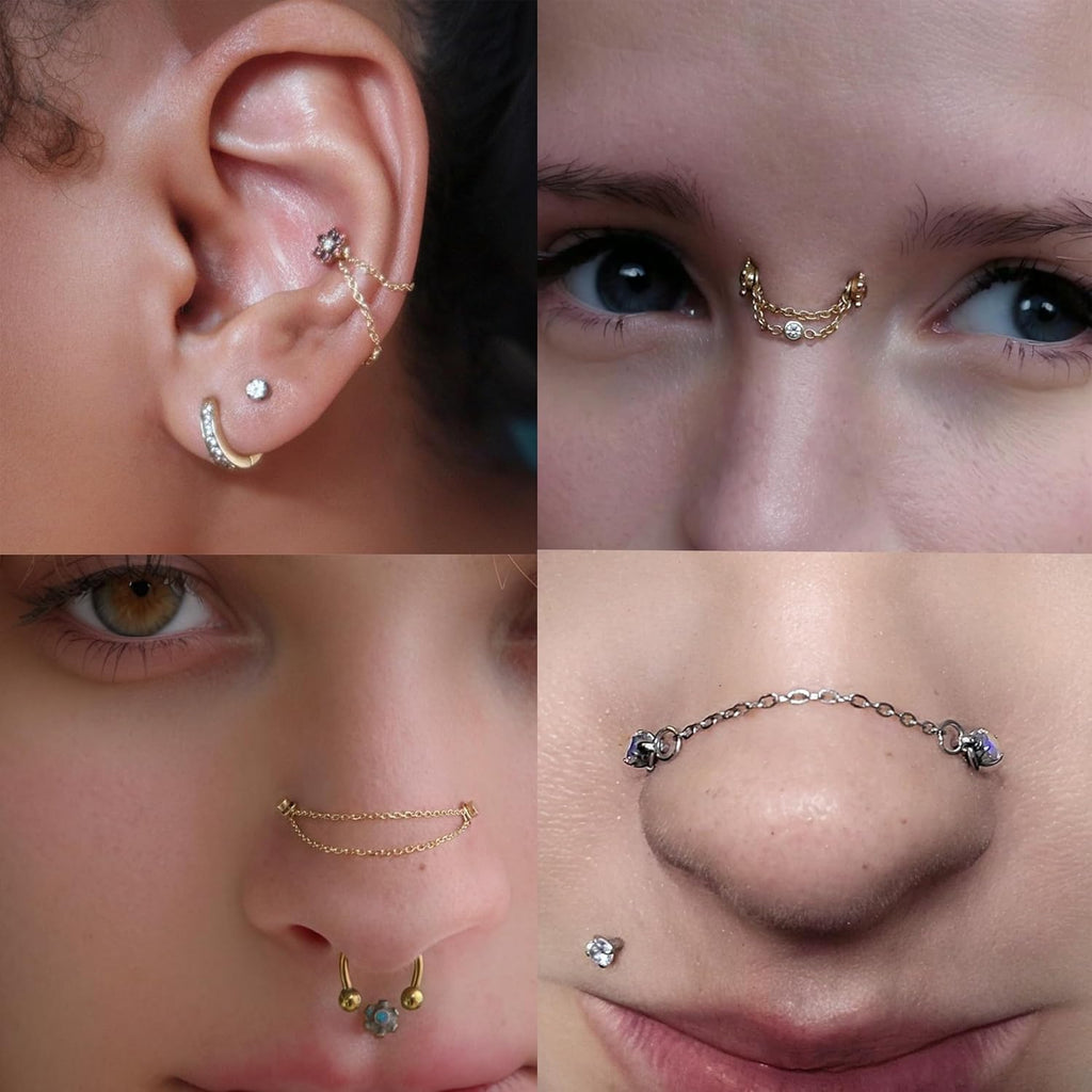 5Pcs Surgical Steel Across Top Nose Rings Chain for Women Nose Studs Nostril Chain - QIAO CrystalQIAO CrystalQIAO Crystal
