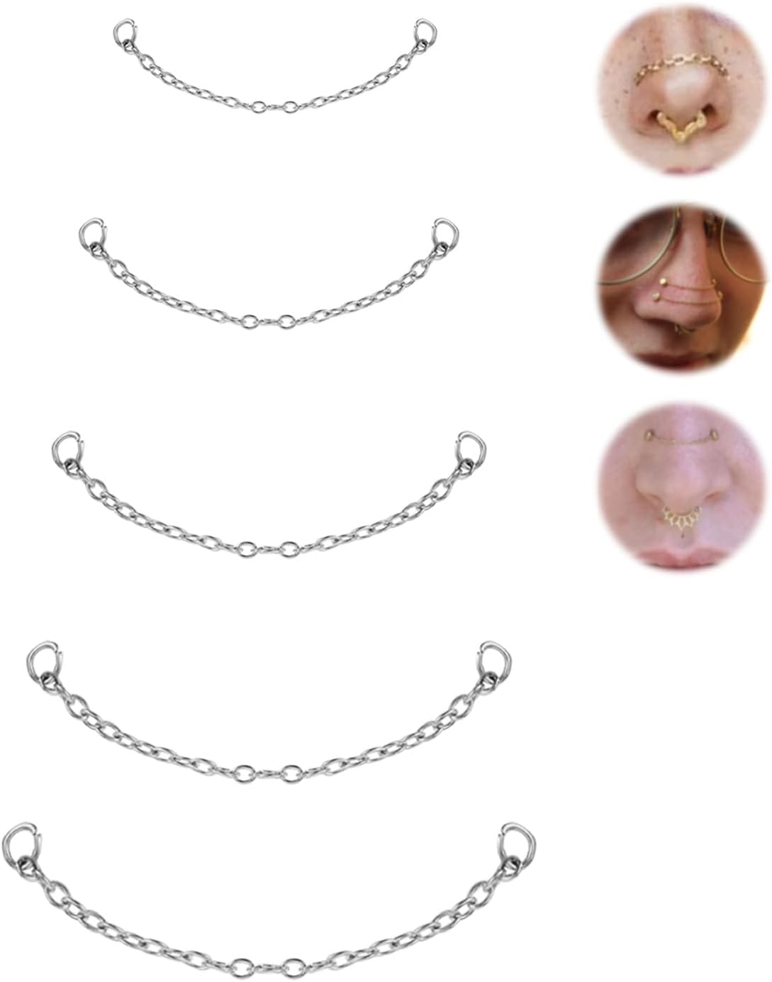 5Pcs Surgical Steel Across Top Nose Rings Chain for Women Nose Studs Nostril Chain - QIAO CrystalQIAO CrystalQIAO Crystal