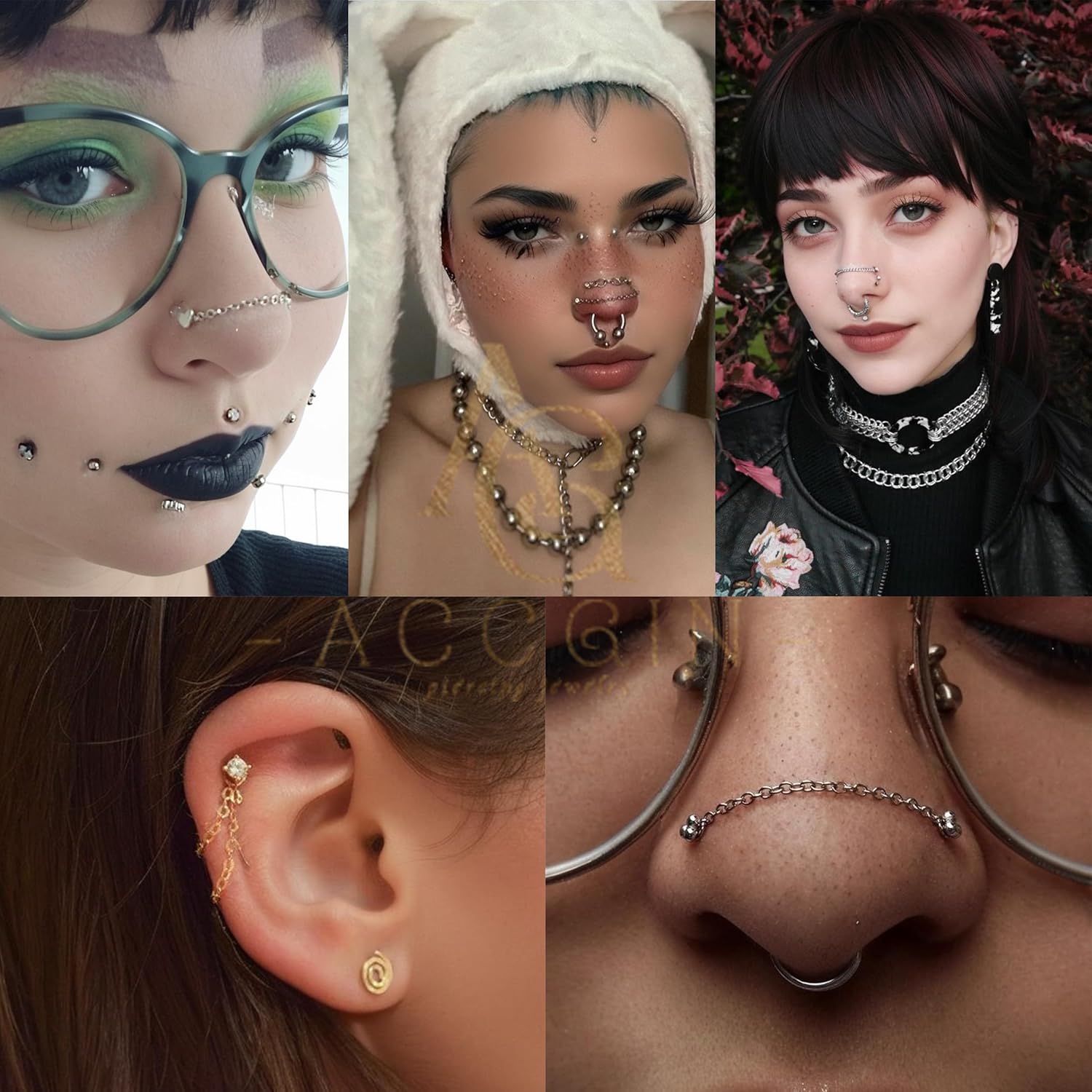 5Pcs Surgical Steel Across Top Nose Rings Chain for Women Nose Studs Nostril Chain - QIAO CrystalQIAO CrystalQIAO Crystal