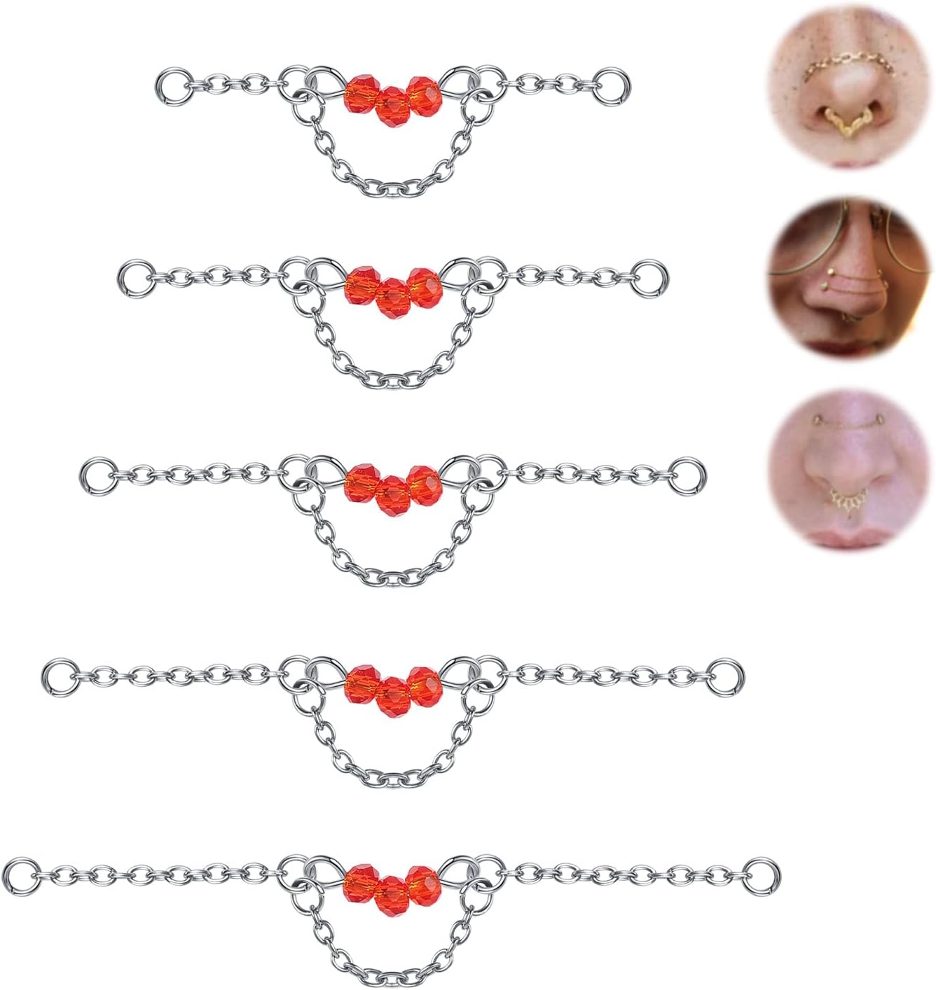 5Pcs Surgical Steel Across Top Nose Rings Chain for Women Nose Studs Nostril Chain - QIAO CrystalQIAO CrystalQIAO Crystal