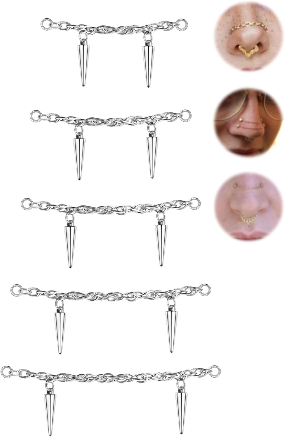 5Pcs Surgical Steel Across Top Nose Rings Chain for Women Nose Studs Nostril Chain - QIAO CrystalQIAO CrystalQIAO Crystal