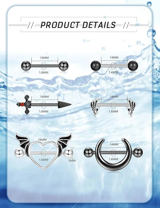 6 pairs 14G nipple rings set in black 316Lstainless steel size