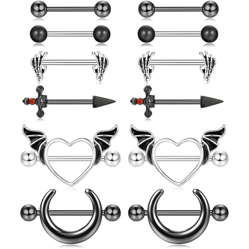6 pairs 14G nipple rings set in black 316Lstainless steel