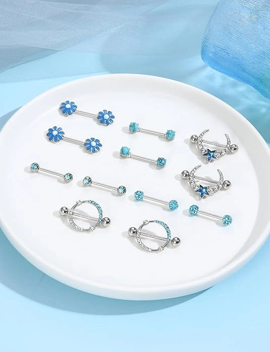 Blue 14G butterfly nipple rings with CZ stones stainless steel