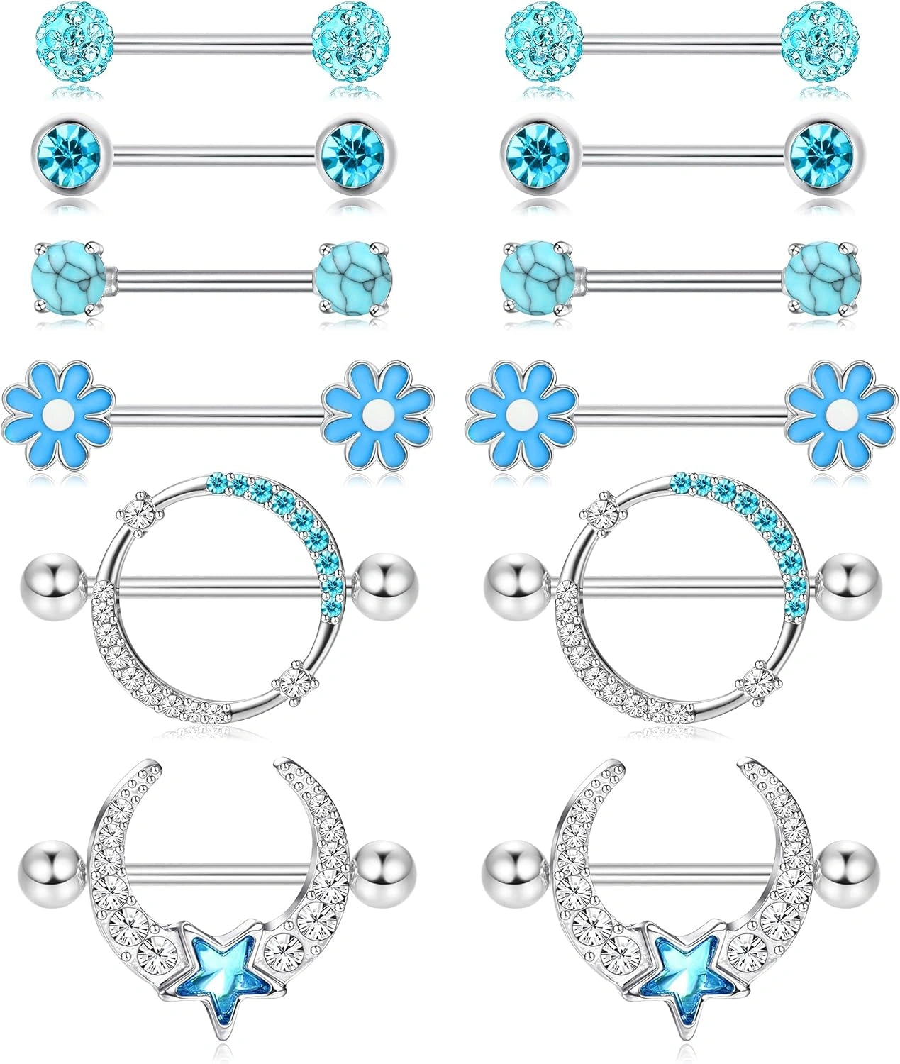 6 pairs 14G nipple rings set in blue  stainless steel