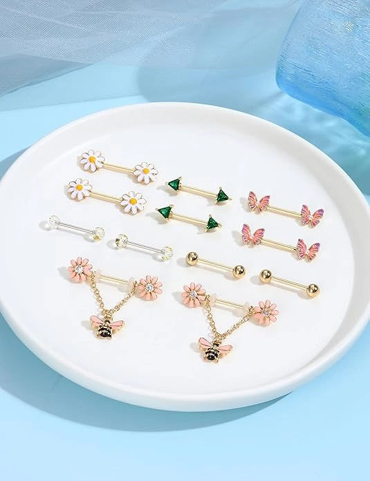 Gold 14G moon nipple rings barbell piercing jewelry detail