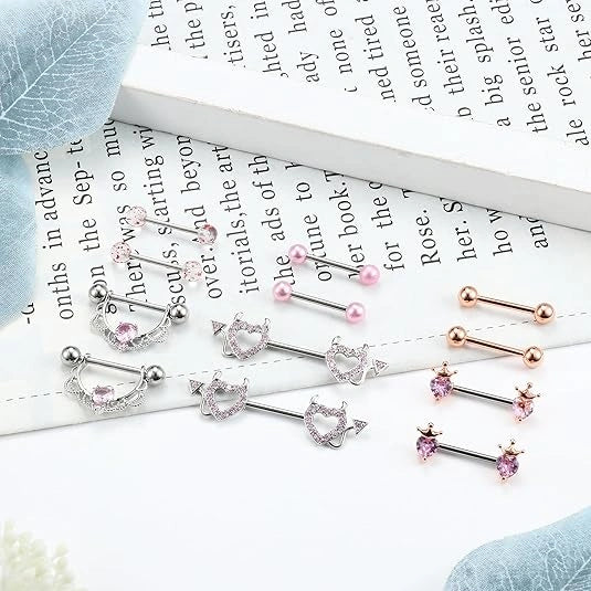 Pink 14G flower nipple rings stainless steel cute design