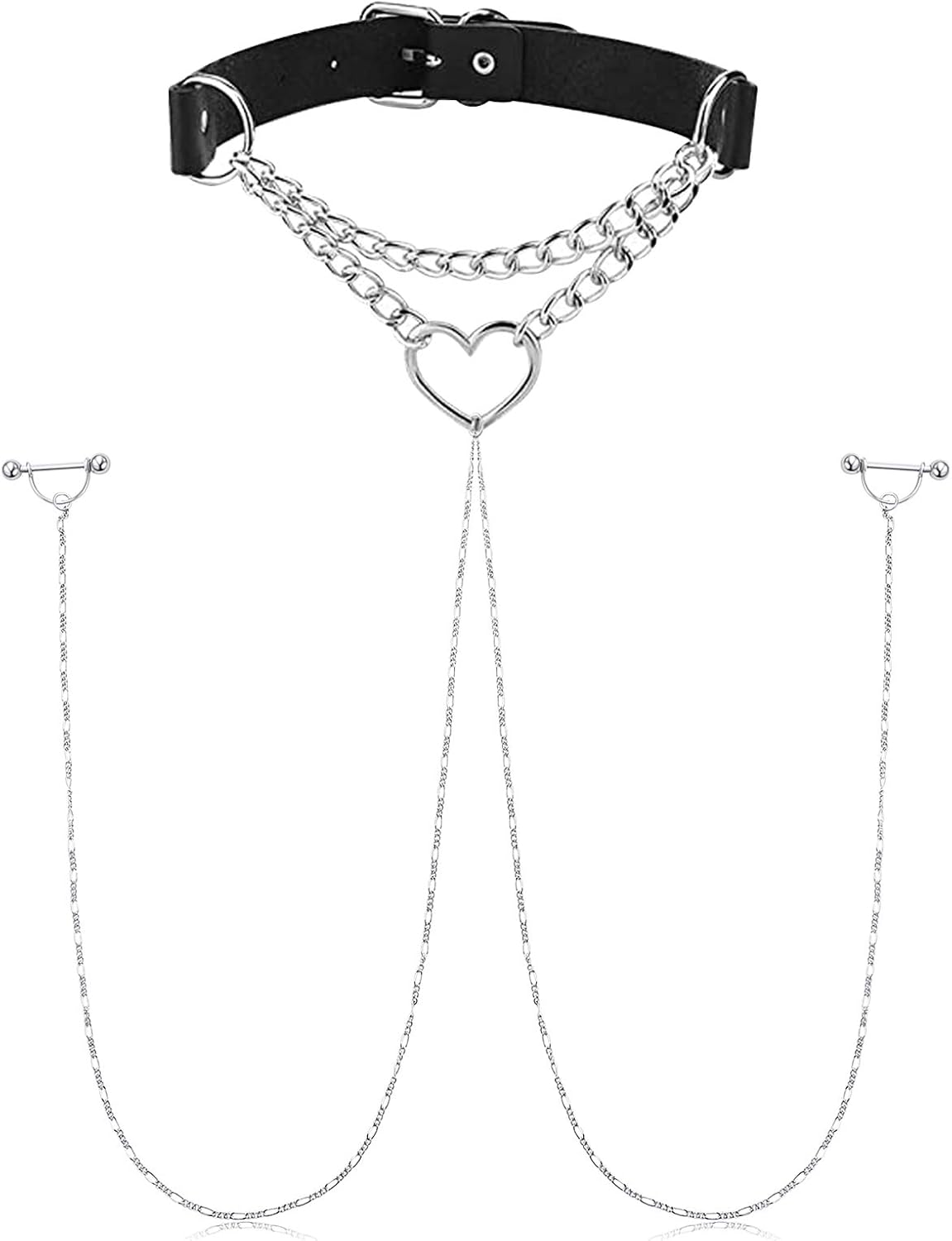 Nipple Ring with Choker Necklaces Stainless Steel Nipple Rings Chain Heart Cat Head Punk
