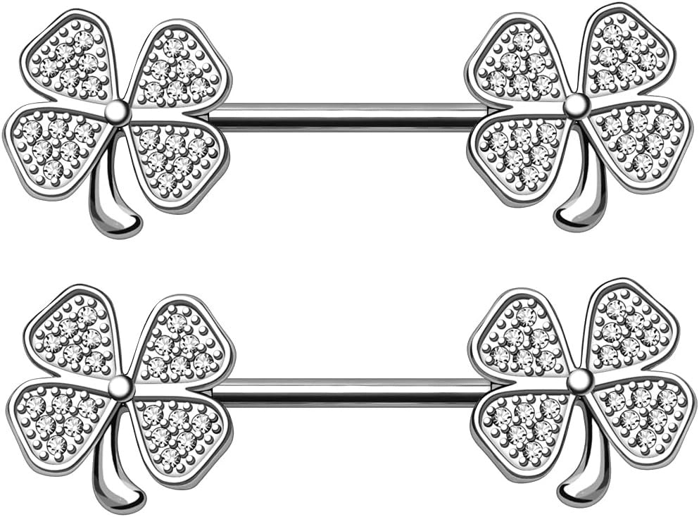 14GA Gold Plated 316L Stainless Steel Green Clover Ends Nipple Barbells