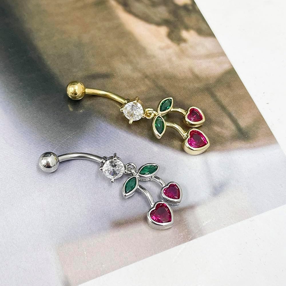 Cute Cherry Dangle Belly Button Rings 14G Stainless Steel Fruit Belly Navel Rings Internally Threaded Dangling
