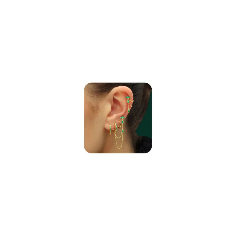 6PCS Earring Stacks Cartilage Chain Helix Piercing Sets Flat Back Multiple Piercing Dangle Huggie Hoop