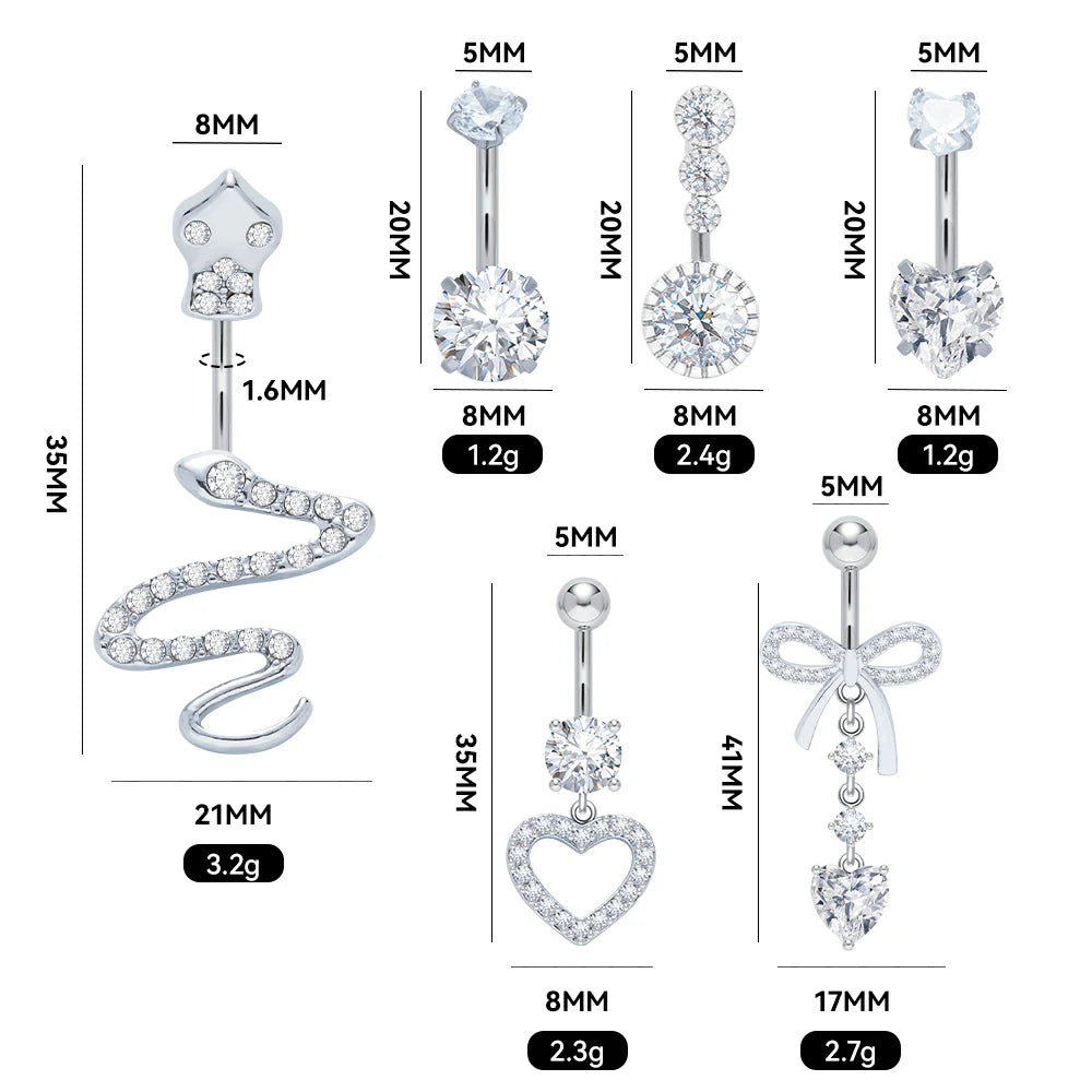 6 Pcs 14G Dangle Belly Button Rings Surgical Steel Silver and Rose Gold CZ Piercing Jewelry