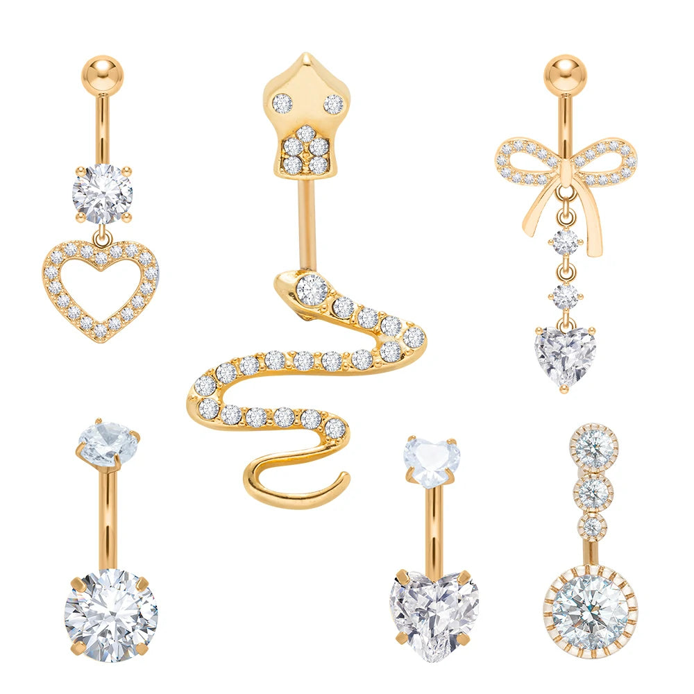 6 Pcs 14G Dangle Belly Button Rings Surgical Steel Silver and Rose Gold CZ Piercing Jewelry