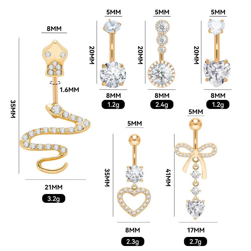 6 Pcs 14G Dangle Belly Button Rings Surgical Steel Silver and Rose Gold CZ Piercing Jewelry