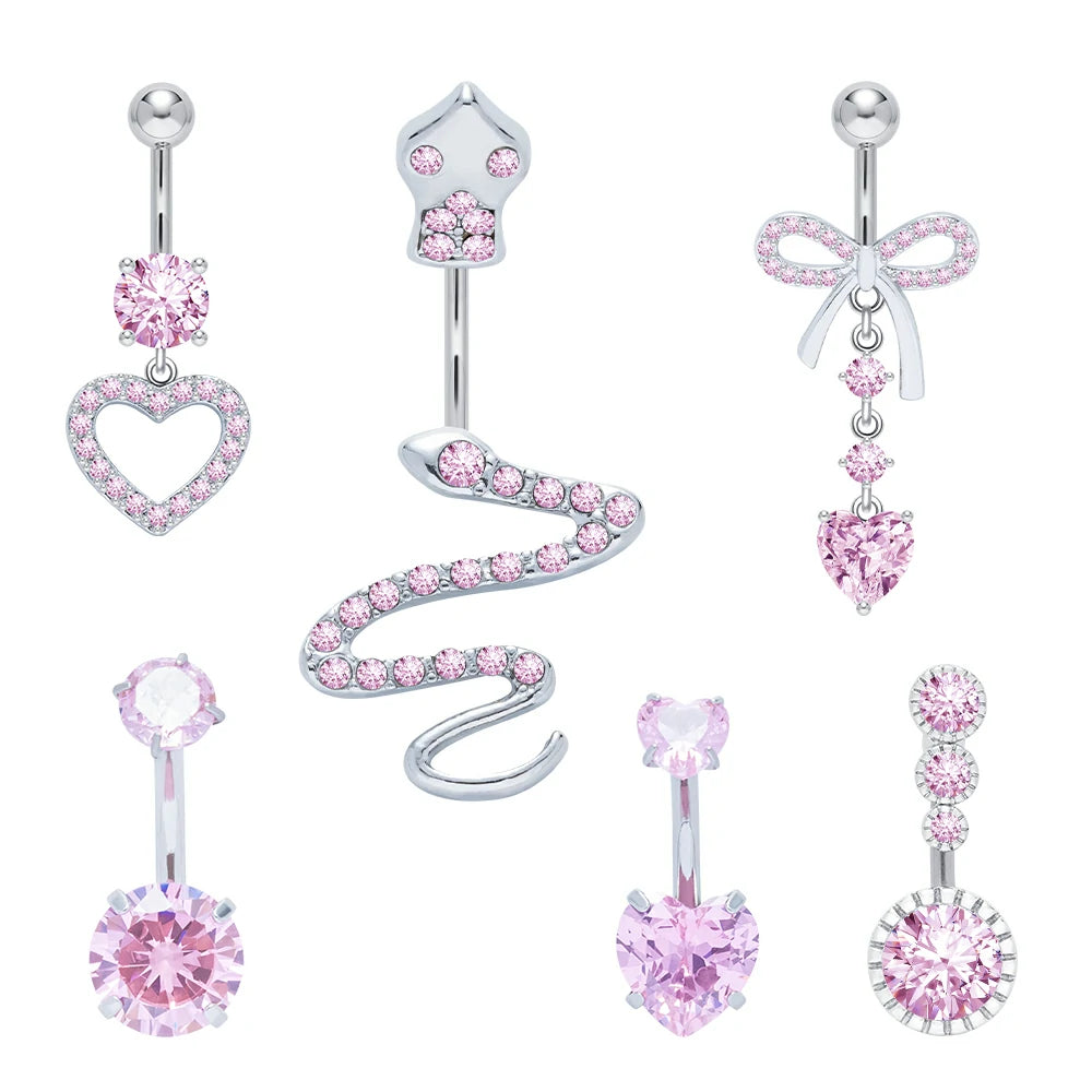 6 Pcs 14G Dangle Belly Button Rings Surgical Steel Silver and Rose Gold CZ Piercing Jewelry