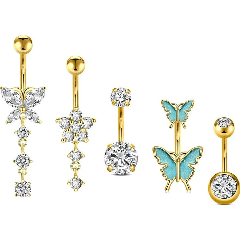 6mm & 10mm 14G Stainless Steel Diamond  Dangle Belly Button Rings With Butterfly Bar Navel Piercings